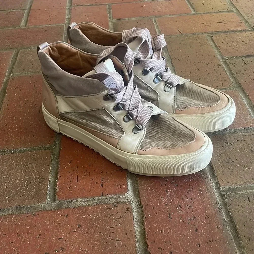 Frye Ivy High Top Sneakers Womens Pink Grey Leather Suede Mesh Lace Up Shoes